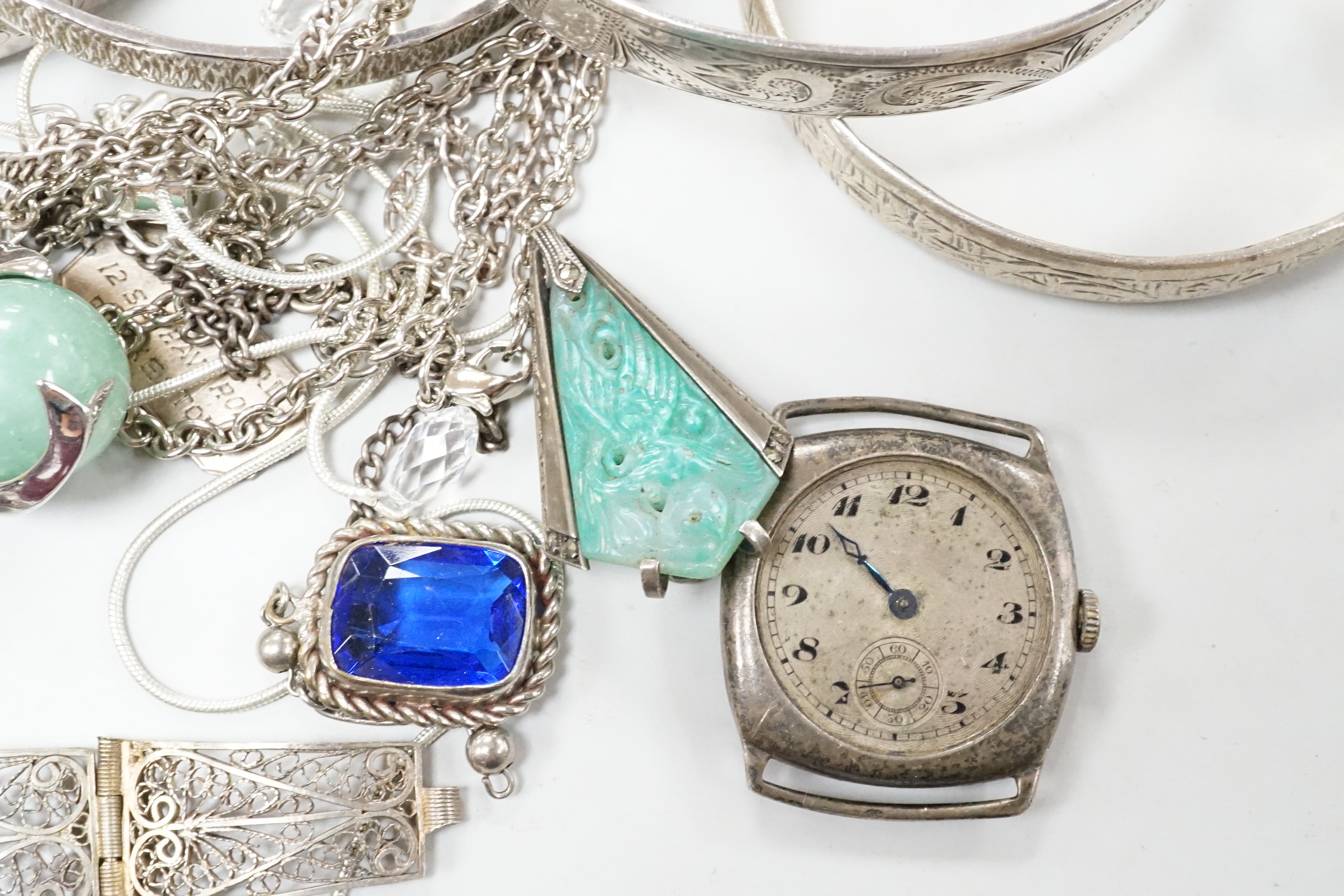 Sundry watches and jewellery including a silver pocket watch with silver albert, silver wrist watch, Victorian silver locket, bangles etc.